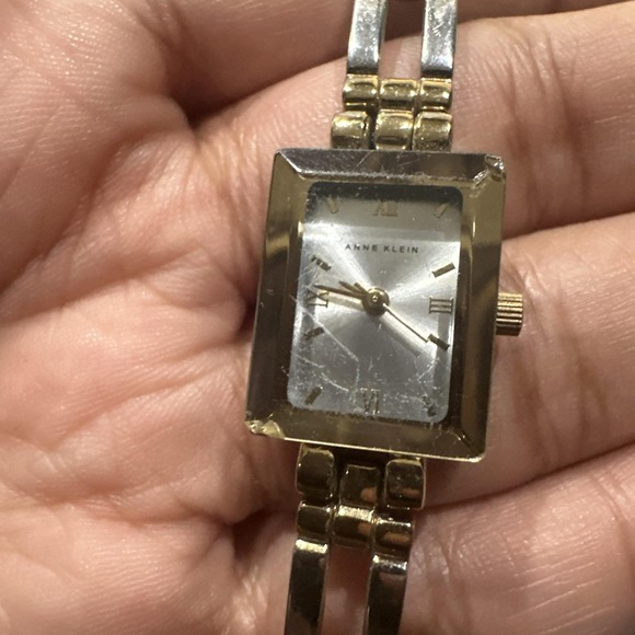 Anne Klein Watch Women 16mm Silver Gold Two Tone Rectangle Dial New Battery 6.5" - Picture 2 of 2